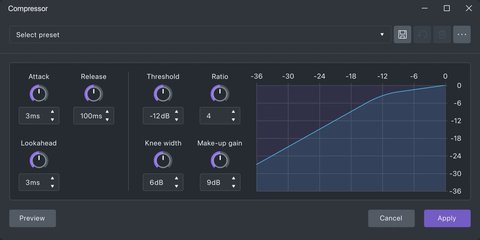 Ventana del efecto compresor en Audacity 4