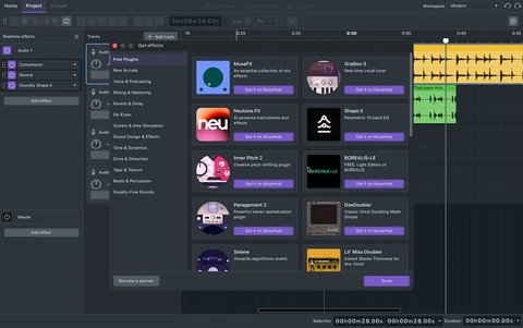 Catálogo de efectos de MuseHub abierto desde Audacity 4