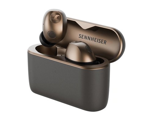 Estuche de carga de los Sennheiser Momentum True Wireless 5 en cobre con los auriculares dentro