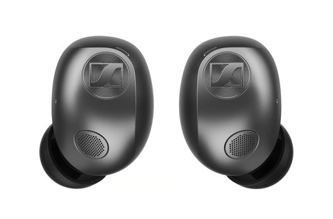 Los dos auriculares Momentum True Wireless 5 en color grafito vistos de frente