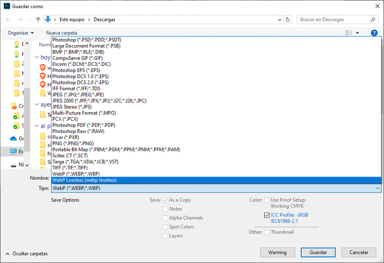 guardar exportar webp en photoshop