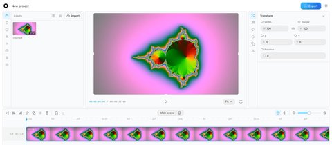 Editor de vídeo OpenCut con el panel de archivos, la vista previa de un fractal de colores, el panel de transformación y la línea de tiempo con un clip