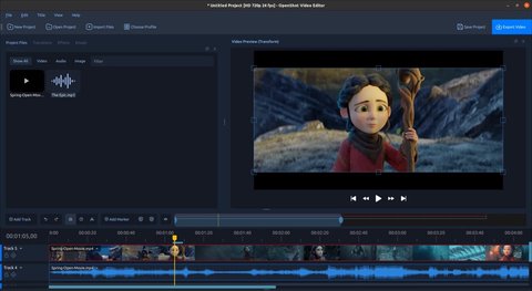 Línea de tiempo nativa de OpenShot 4.0 con dos pistas de vídeo y audio