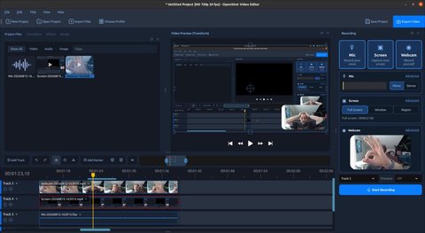 Vista de grabación de OpenShot 4.0 con las opciones de micrófono, pantalla y webcam