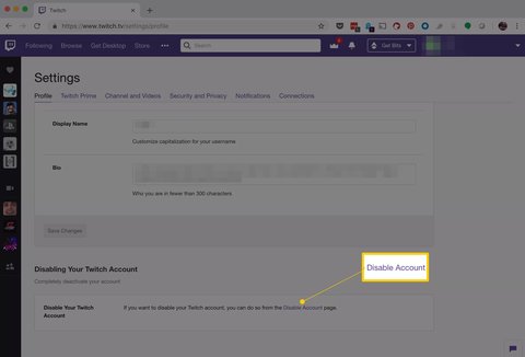 borrar cuenta twitch disable account option