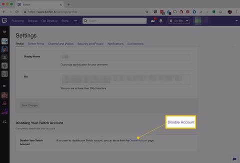 borrar cuenta twitch disable account option