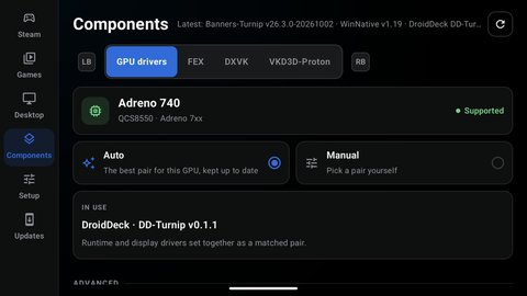 Pestaña Components de DroidDeck mostrando una Adreno 740 como compatible y el driver DD-Turnip en uso