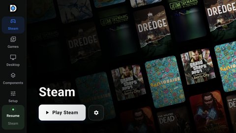 Pantalla principal de DroidDeck con el botón Play Steam y carátulas de juegos de fondo