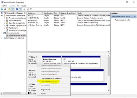 Menú Convertir en disco GPT dentro de Administración de discos de Windows