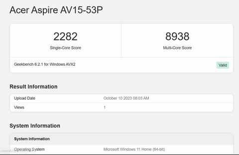 acer aspire vero av15 53p geekbench 6 equilibrio