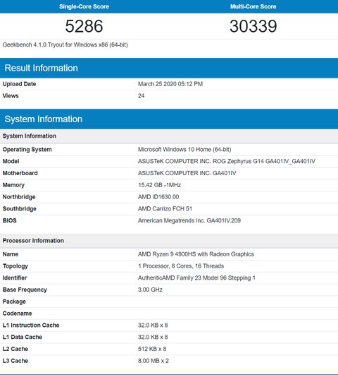 rendimiento amd ryzen 9 4900 hs 8 core laptop cpu geekbench v4 benchmark