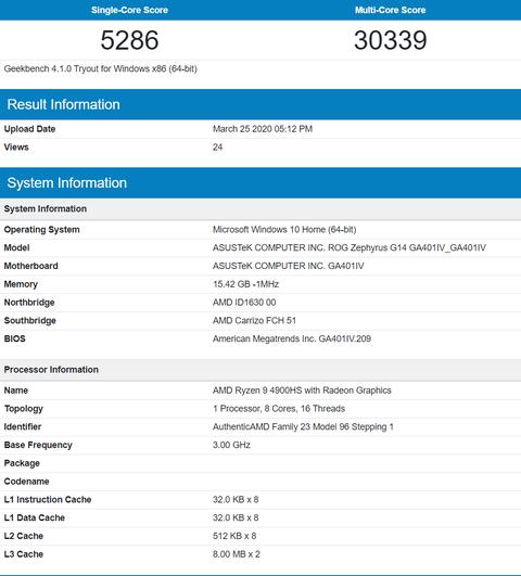 rendimiento amd ryzen 9 4900 hs 8 core laptop cpu geekbench v4 benchmark