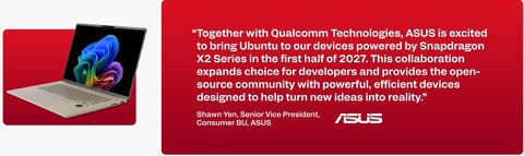 Diapositiva con un portátil ASUS y la cita de Shawn Yen sobre Ubuntu en los portátiles con Snapdragon X2