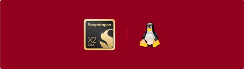 Logotipo del Snapdragon X2 Elite junto al pingüino Tux de Linux sobre fondo rojo