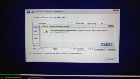 error instalacion no se puede instalar este disco estilo de particion gpt