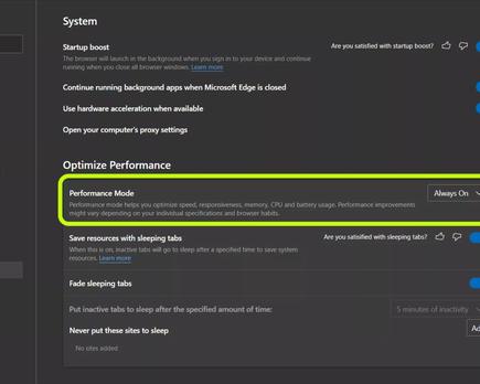 navegador microsoft edge modo rendimiento optimizar recursos