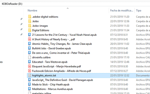 exportar notas kobo fichero exportado notas