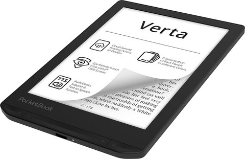 PocketBook Verta visto en diagonal con un libro abierto en la pantalla