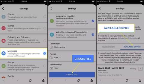 facebook messenger historial descargar archivos