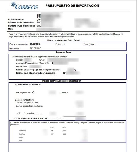 presupuesto de importacion adtpostales