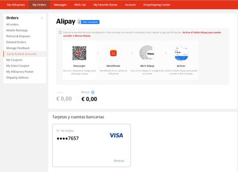 eliminar tarjeta aliexpress