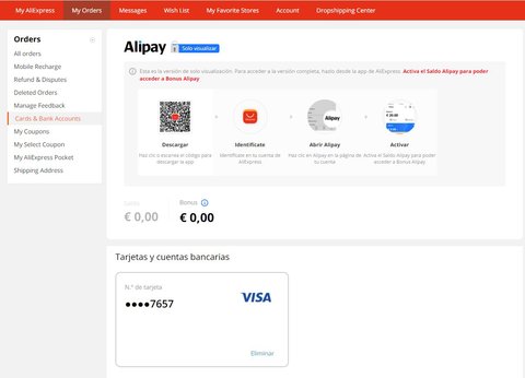 eliminar tarjeta aliexpress