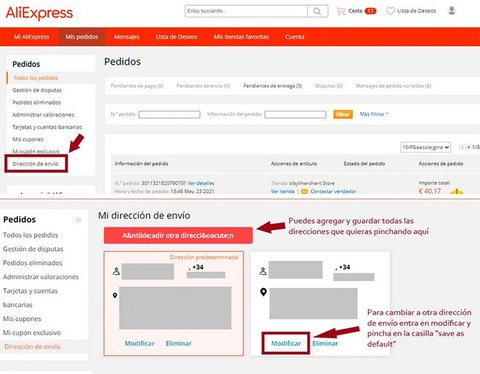 como cambiar direccion envio web aliexpress