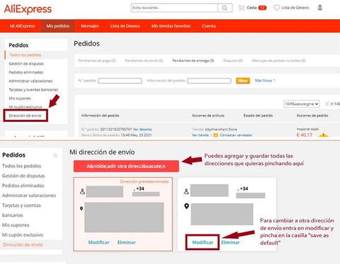 como cambiar direccion envio web aliexpress