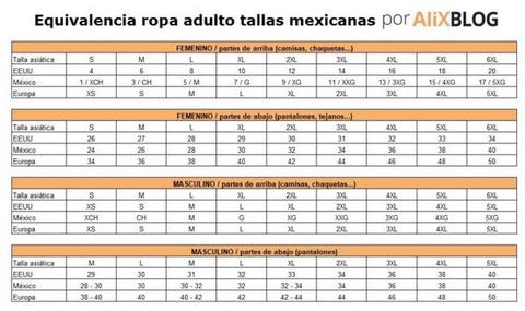 tallaje chino mexicano ropa aliexpress