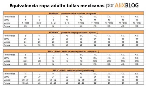tallaje chino mexicano ropa aliexpress