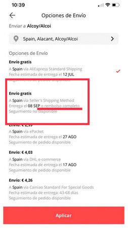 seller s shipping method es